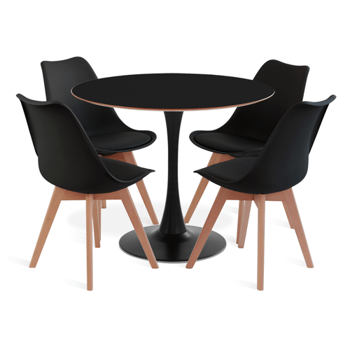 Conjunto Saarinen Basic Preto E Mdf Preto 90Cm Com 4 Cadeiras Leda Preta