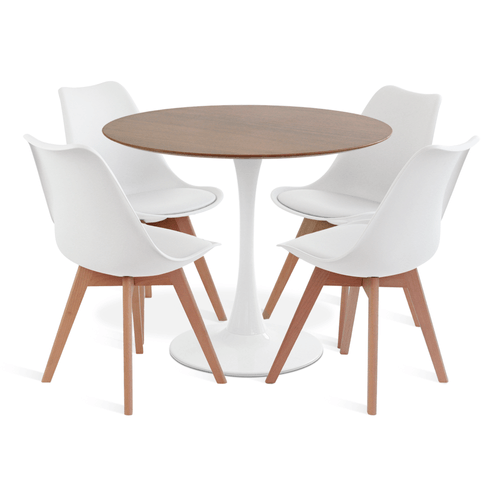 Conjunto Saarinen Basic Branco Imbuia 90Cm Com 4 Cadeiras Leda Branca