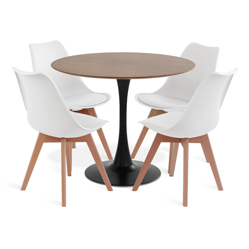 CONJUNTO SAARINEN BASIC PRETO E IMBUIA 90CM COM 4 CADEIRAS LEDA BRANCA