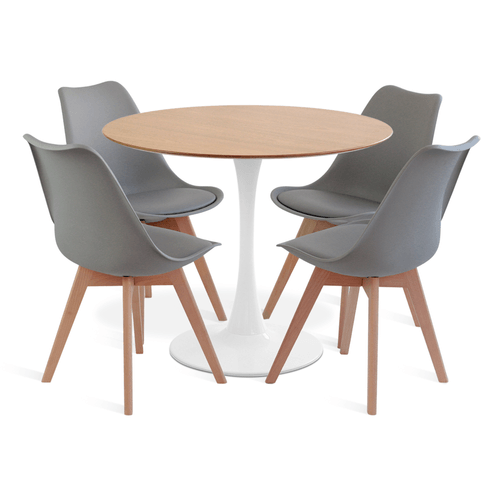 Conjunto Saarinen Basic Freijó 90Cm Branca 4 Cadeiras Leda Cinza