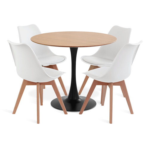 Conjunto Saarinen Basic Freijó 90Cm Preta 4 Cadeiras Leda Branca