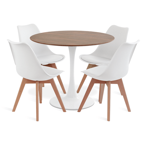 Conjunto Saarinen Basic Pau Ferro 90Cm Branca 4 Cadeiras Leda Branca