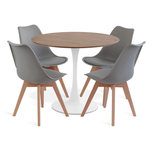 Conjunto Saarinen Basic Pau Ferro 90Cm Branca 4 Cadeiras Leda Cinza