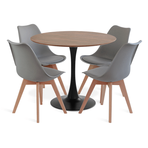 Conjunto Saarinen Basic Pau Ferro 90Cm Preta 4 Cadediras Leda Cinza