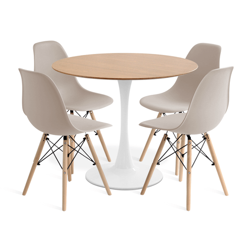 CONJUNTO SAARINEN BASIC BRANCO E FREIJÓ 90CM COM 4 CADEIRAS EAMES FENDI