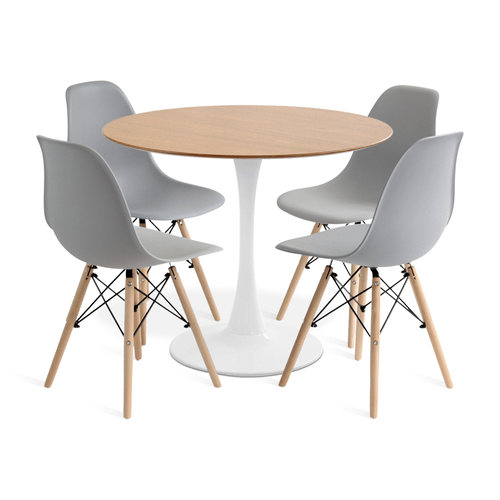 Conjunto Saarinen Basic Branco E Freijó 90Cm Com 4 Cadeiras Eames Cinza