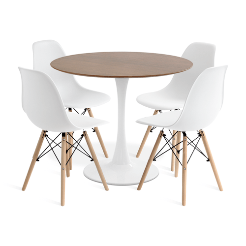 Conjunto Saarinen Basic Branco Imbuia 90Cm Com 4 Cadeiras Eames Branca