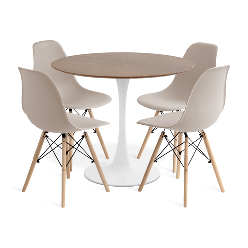 Conjunto Saarinen Basic Branco E Imbuia 90Cm Com 4 Cadeiras Eames Fendi