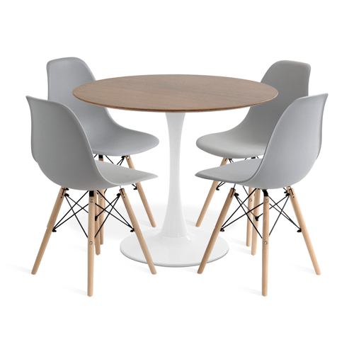 Conjunto Saarinen Basic Branco E Imbuia 90Cm Com 4 Cadeiras Eames Cinza