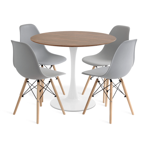 Conjunto Saarinen Basic Branco E Pau Ferro 90Cm Com 4 Cadeiras Eames Cinza