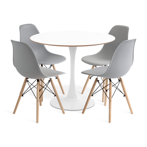 Conjunto Saarinen Basic Branco E Mdf Branco 90Cm Com 4 Cadeiras Eames Cinza