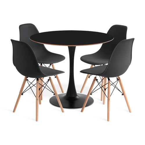 CONJUNTO SAARINEN BASIC PRETO E MDF PRETO 90CM COM 4 CADEIRAS EAMES PRETA