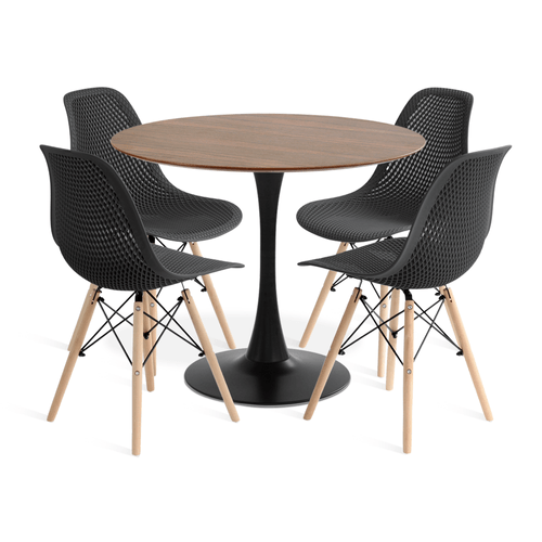 Conjunto Saarinen Basic Preto E Pau Ferro 90Cm Com 4 Cadeiras Colmeia Preta