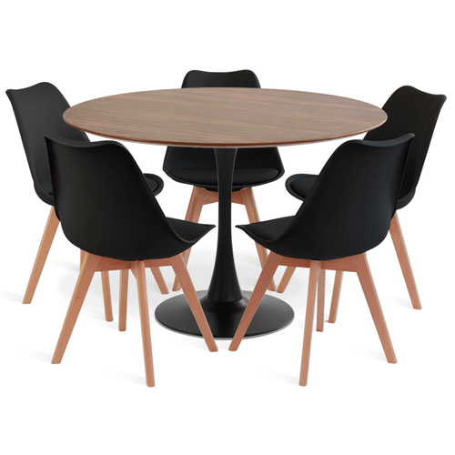 Conjunto Saarinen Basic Preto E Pau Ferro 110Cm Com 5 Cadeiras Leda Preta