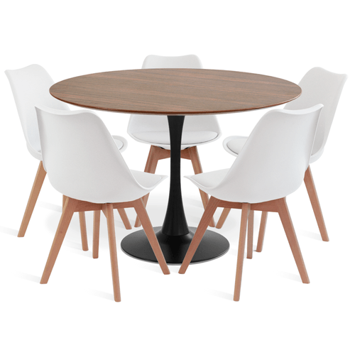 Conjunto Saarinen Basic Preto E Pau Ferro 110Cm Com 5 Cadeiras Leda Branca