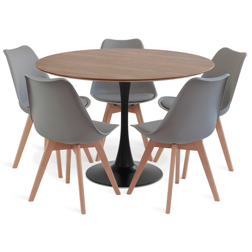 Conjunto Saarinen Basic Preto E Pau Ferro 110Cm Com 5 Cadeiras Leda Cinza