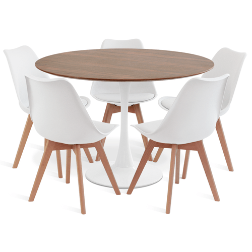 Conjunto Saarinen Basic Branco Pau Ferro 110Cm Com 5 Cadeiras Leda Branca