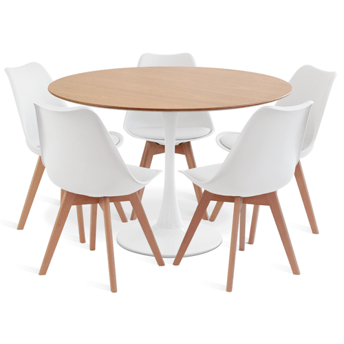 CONJUNTO SAARINEN BASIC BRANCO E FREIJÓ 120CM COM 5 CADEIRAS LEDA BRANCA