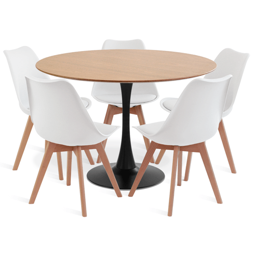 Conjunto Saarinen Basic Preto E Freijó 110Cm Com 5 Cadeiras Leda Branca