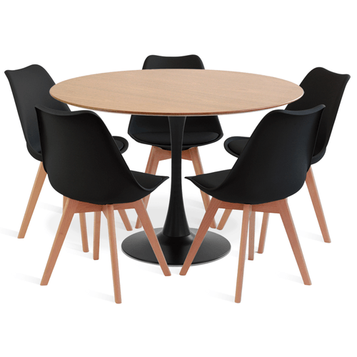 Conjunto Saarinen Basic Preto E Freijó 110Cm Com 5 Cadeiras Leda Preta