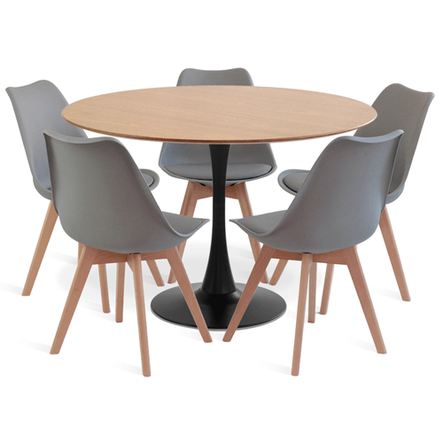 Conjunto Saarinen Basic Preto E Freijó 110Cm Com 5 Cadeiras Leda Cinza