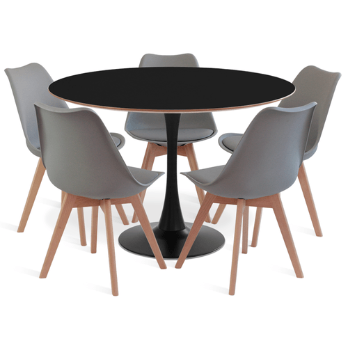 Conjunto Saarinen Basic Preto E Mdf Preto 110Cm Com 5 Cadeiras Leda Cinza