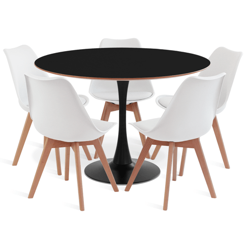 Conjunto Saarinen Basic Preto E Mdf Preto 110Cm Com 5 Cadeiras Leda Branca