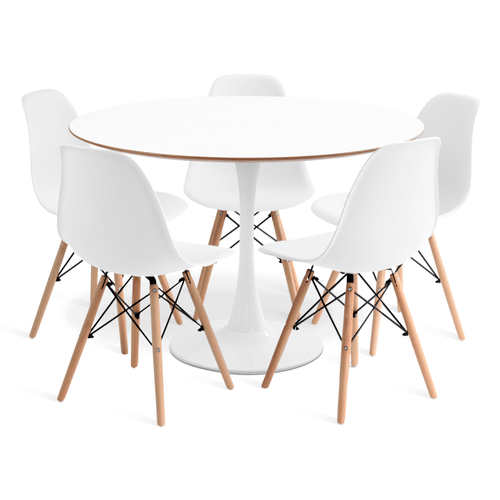 CONJUNTO SAARINEN BASIC BRANCO E MDF BRANCO 120CM COM 5 CADEIRAS EAMES BRANCA