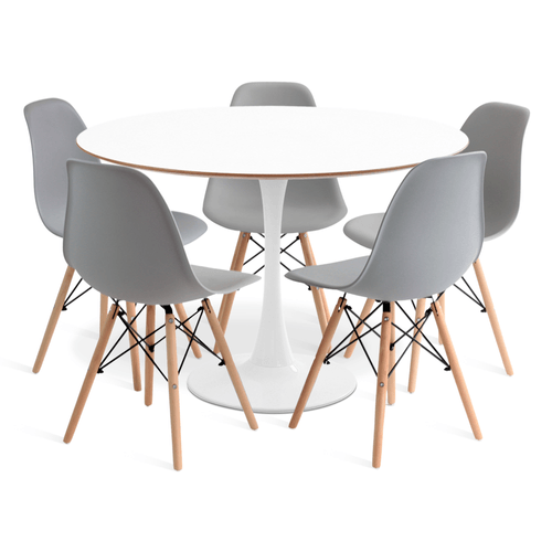 Conjunto Saarinen Basic Branco E Mdf Branco 110Cm Com 5 Cadeiras Eames Cinza