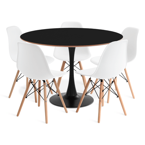 Conjunto Saarinen Basic Preto E Mdf Preto 110Cm Com 5 Cadeiras Eames Branca