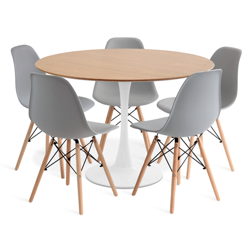 CONJUNTO SAARINEN BASIC BRANCO E FREIJÓ 120CM COM 5 CADEIRAS EAMES CINZA