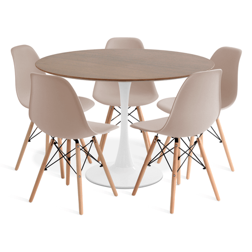 Conjunto Saarinen Basic Branco E Imbuia 110Cm Com 5 Cadeiras Eames Fendi