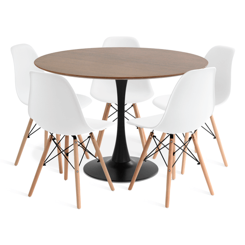 Conjunto Saarinen Basic Preto E Imbuia 110Cm Com 5 Cadeiras Eames Branca