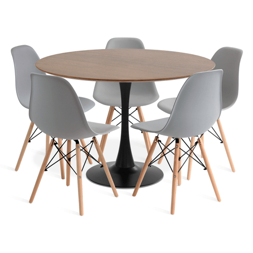 Conjunto Saarinen Basic Preto E Imbuia 110Cm Com 5 Cadeiras Eames Cinza