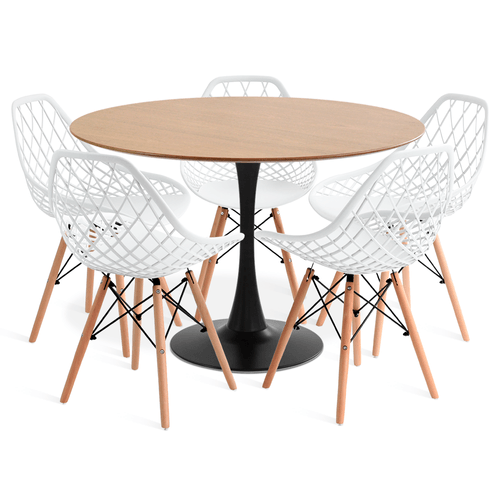 Conjunto Saarinen Basic Preto E Freijó 110Cm Com 5 Cadeiras Kaila Branca
