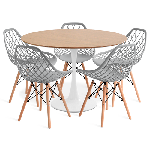 Conjunto Saarinen Basic Branco E Freijó 110Cm Com 5 Cadeiras Kaila Cinza
