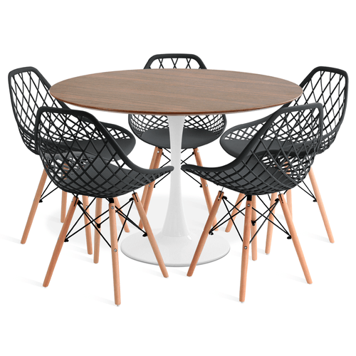 Conjunto Saarinen Basic Branco E Pau Ferro 110Cm Com 5 Cadeiras Kaila Preta