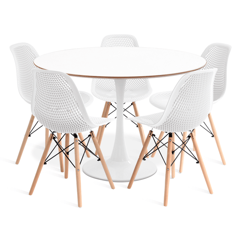 Conjunto Saarinen Basic Branco E Mdf Branco 110Cm Com 5 Cadeiras Colmeia Branca