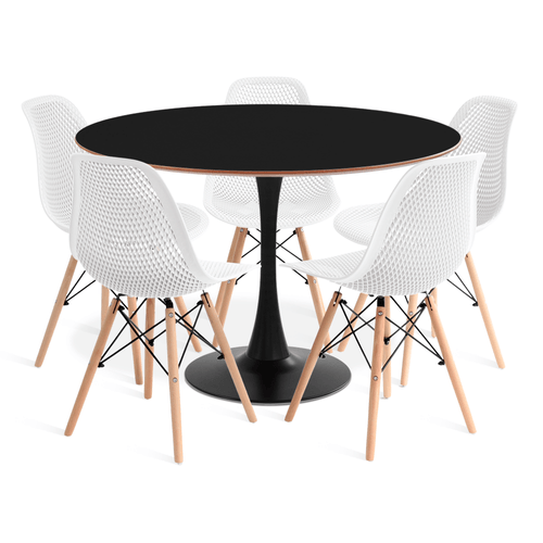 Conjunto Saarinen Basic Preto E Mdf Preto 110Cm Com 5 Cadeiras Colmeia Branca