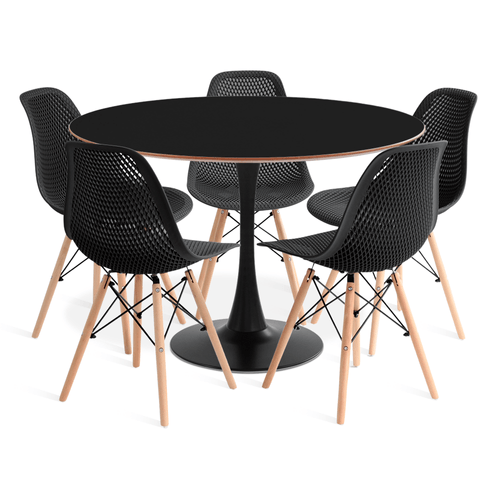 Conjunto Saarinen Basic Preto E Mdf Preto 110Cm Com 5 Cadeiras Colmeia Preta