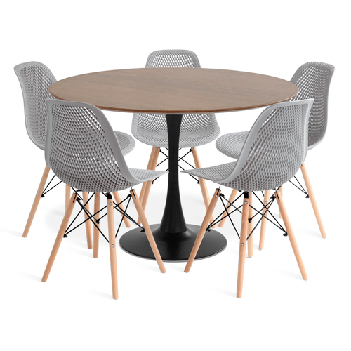 Conjunto Saarinen Basic Preto E Imbuia 110Cm Com 5 Cadeiras Colmeia Cinza