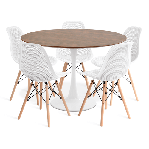 Conjunto Saarinen Basic Branco Pau Ferro 110Cm Com 5 Cadeiras Colmeia Branca