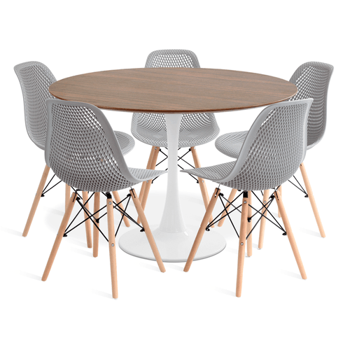 Conjunto Saarinen Basic Branco E Pau Ferro 110Cm Com 5 Cadeiras Colmeia Cinza