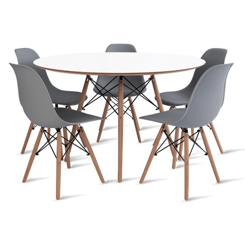 CONJUNTO EAMES DSW MESA 110 CM BRANCO E 5 CADEIRAS CINZA