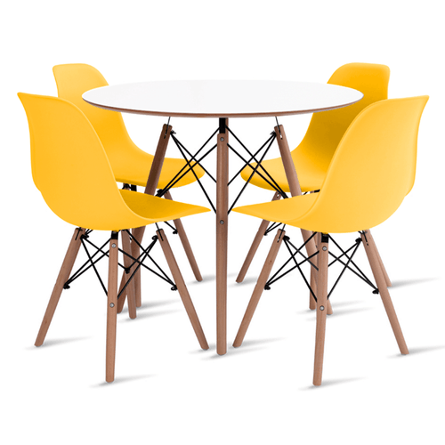 Conjunto Eames Dsw Mesa 90 Cm Branco E 4 Cadeiras Amarelas