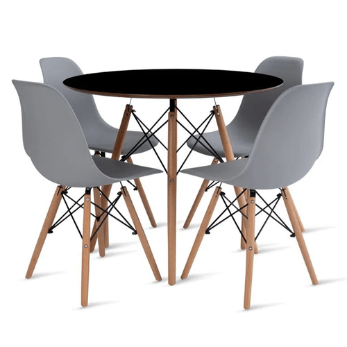 CONJUNTO EAMES DSW MESA 90 CM PRETO E 4 CADEIRAS CINZA