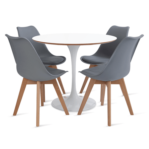 Conjunto Mesa Saarinen MDF 90cm branca 4 cadeiras Leda Cinza