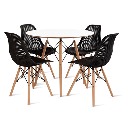 Conjunto Eames Dsw Mesa 90Cm Branco E 4 Cadeiras Colmeia Preta