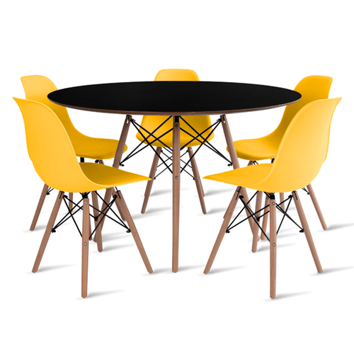 Conjunto Eames Dsw Mesa 110Cm Preto E 5 Cadeiras Amarelas